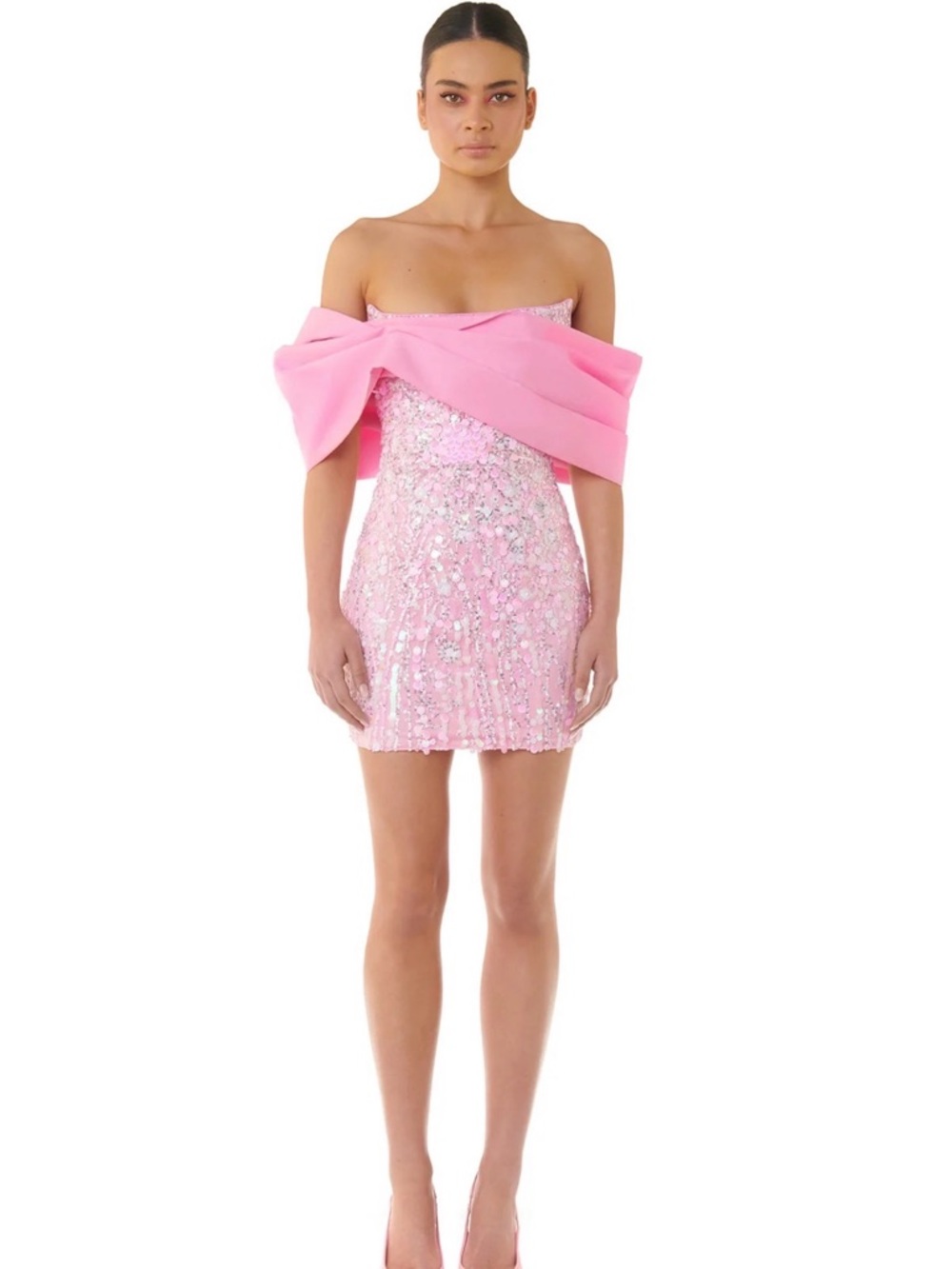 Strapless Pink Sequin Mini Dress with Draped Off-Shoulder Detail
